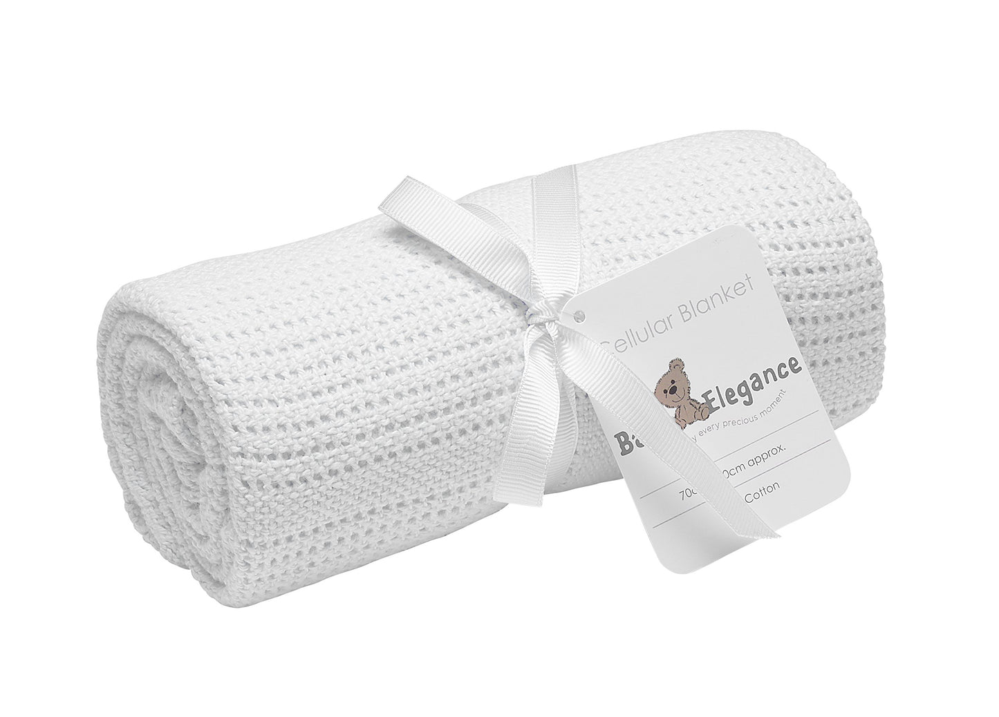 White COTTON CELLULAR baby blanket with a ribbon and tag on a white background