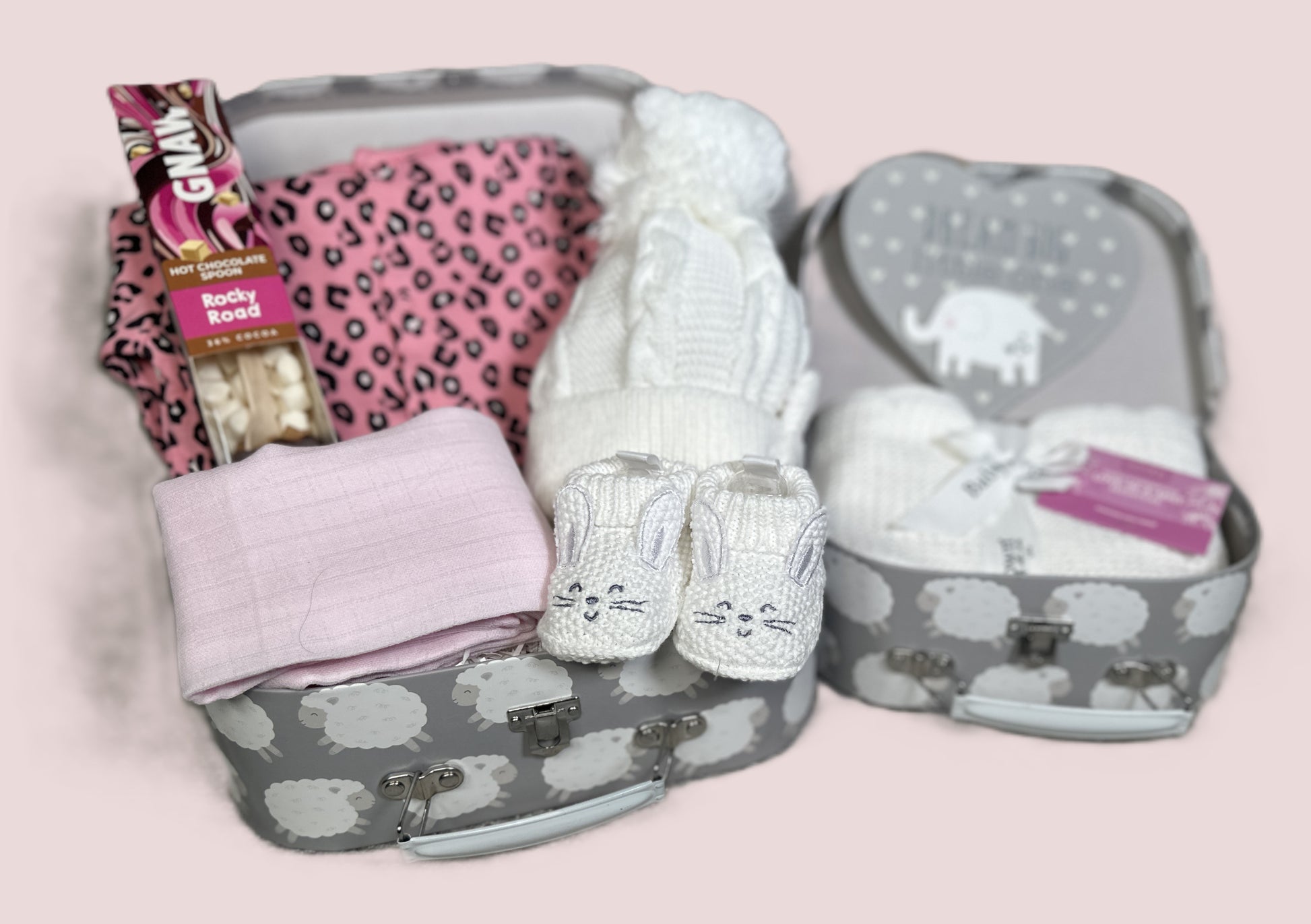 Pink baby hamper in 2 sheep print baby keepsake cases