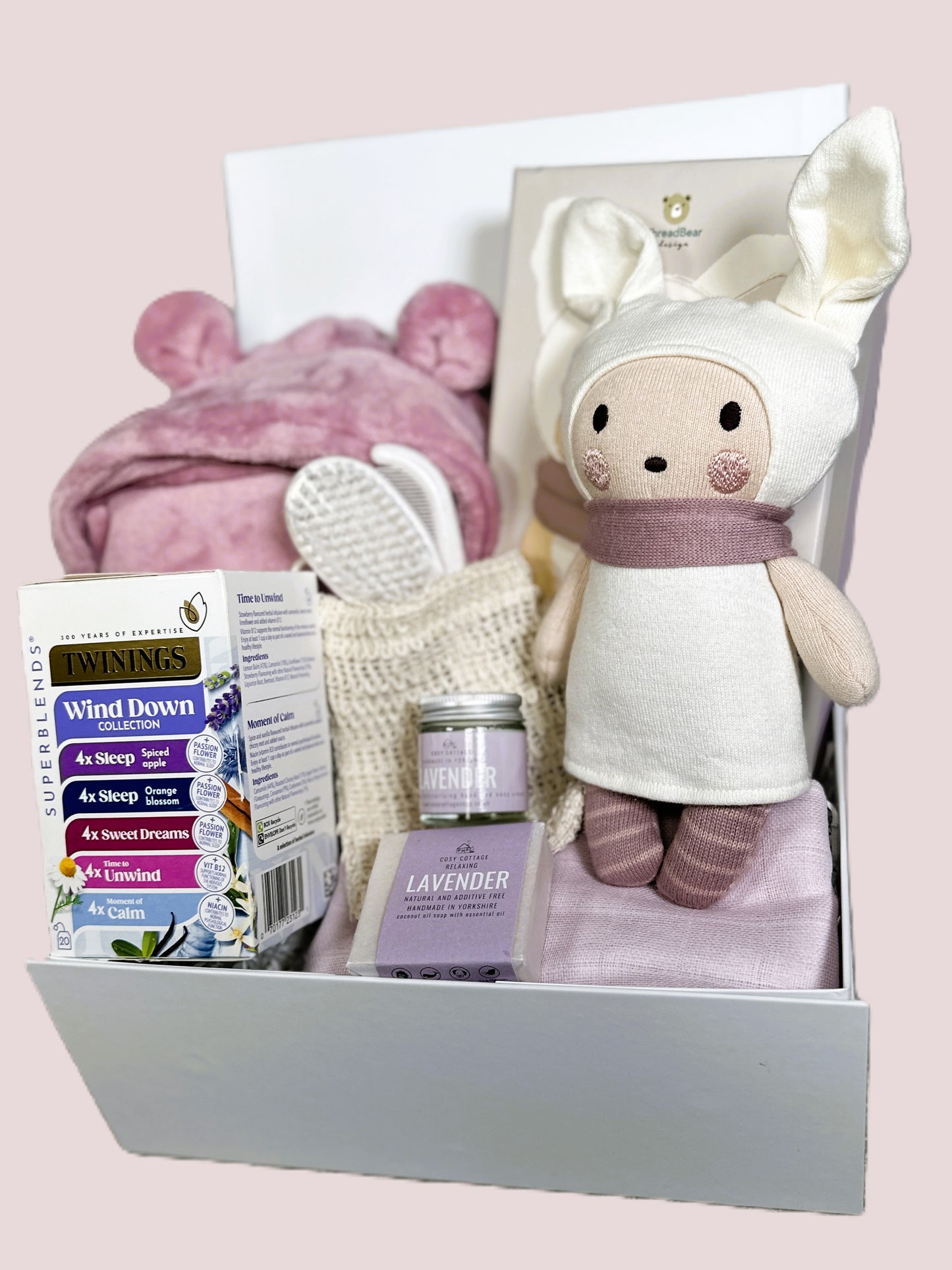 Baby Girl hamper with knitted doll and baby dressing gown