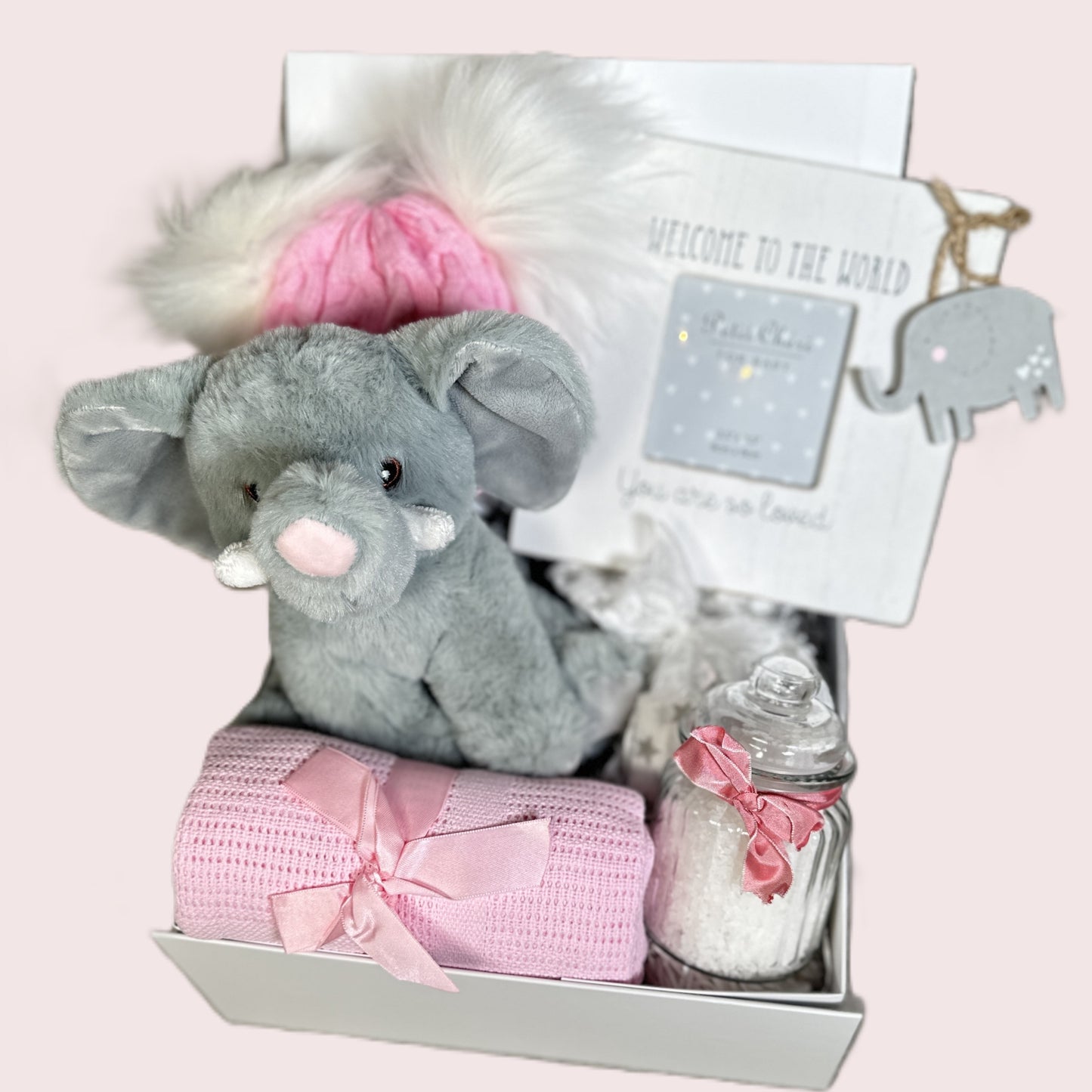 pink baby girl hamper with elephant theme