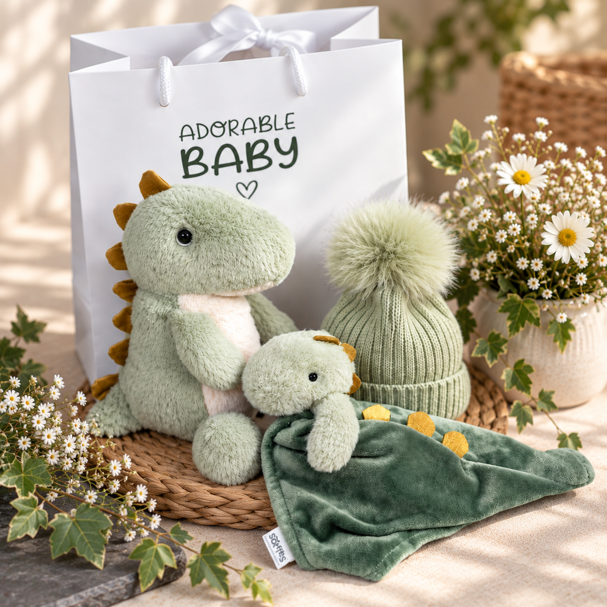 Baby gift set with plush dinosaur, hat, and blanket in front of a 'Adorable Baby' bag.