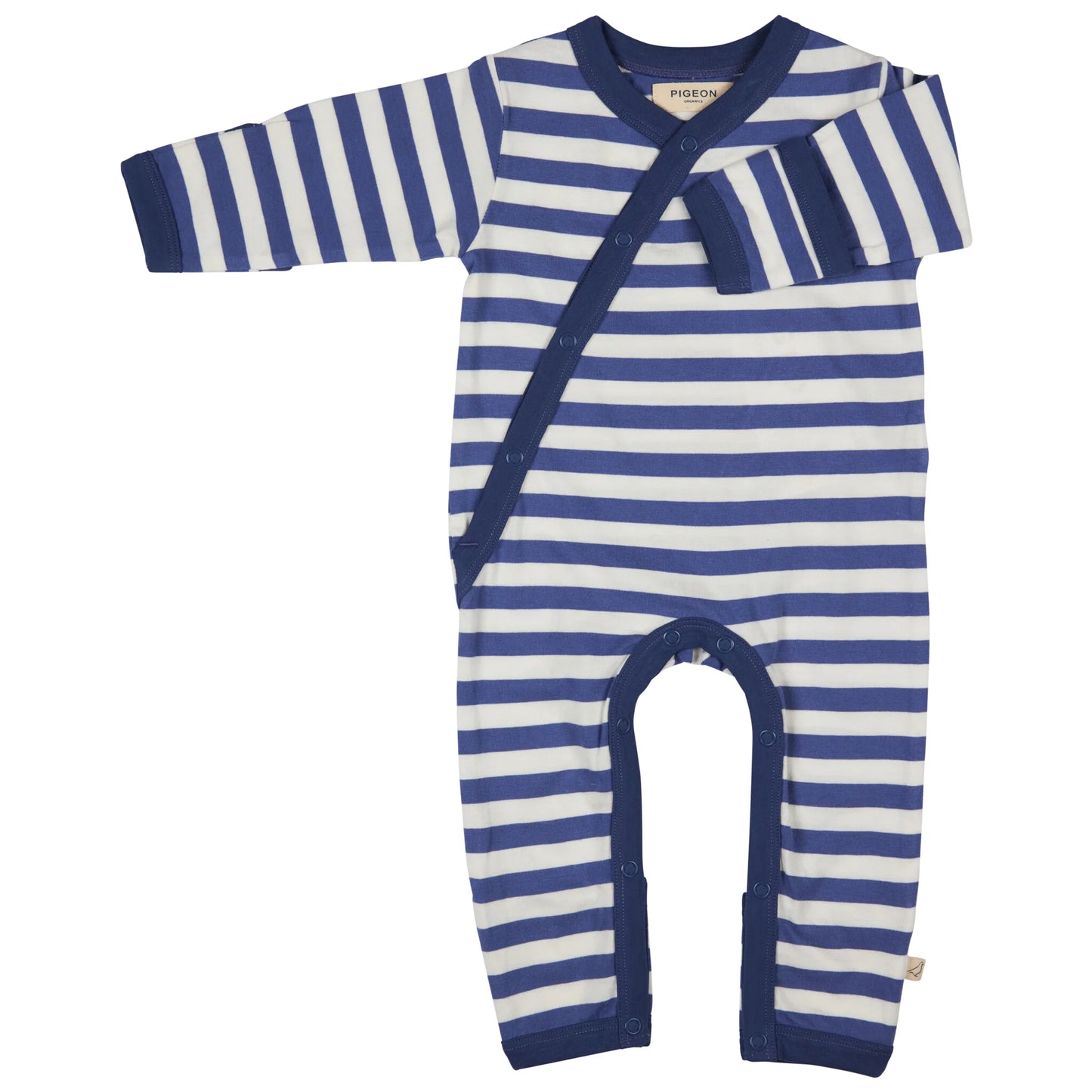 Organic cotton baby romper with fold over cuffs and feet blue and white striped.