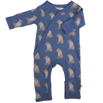 Organic cotton baby romper with fold over cuffs and feet with a labrador print.