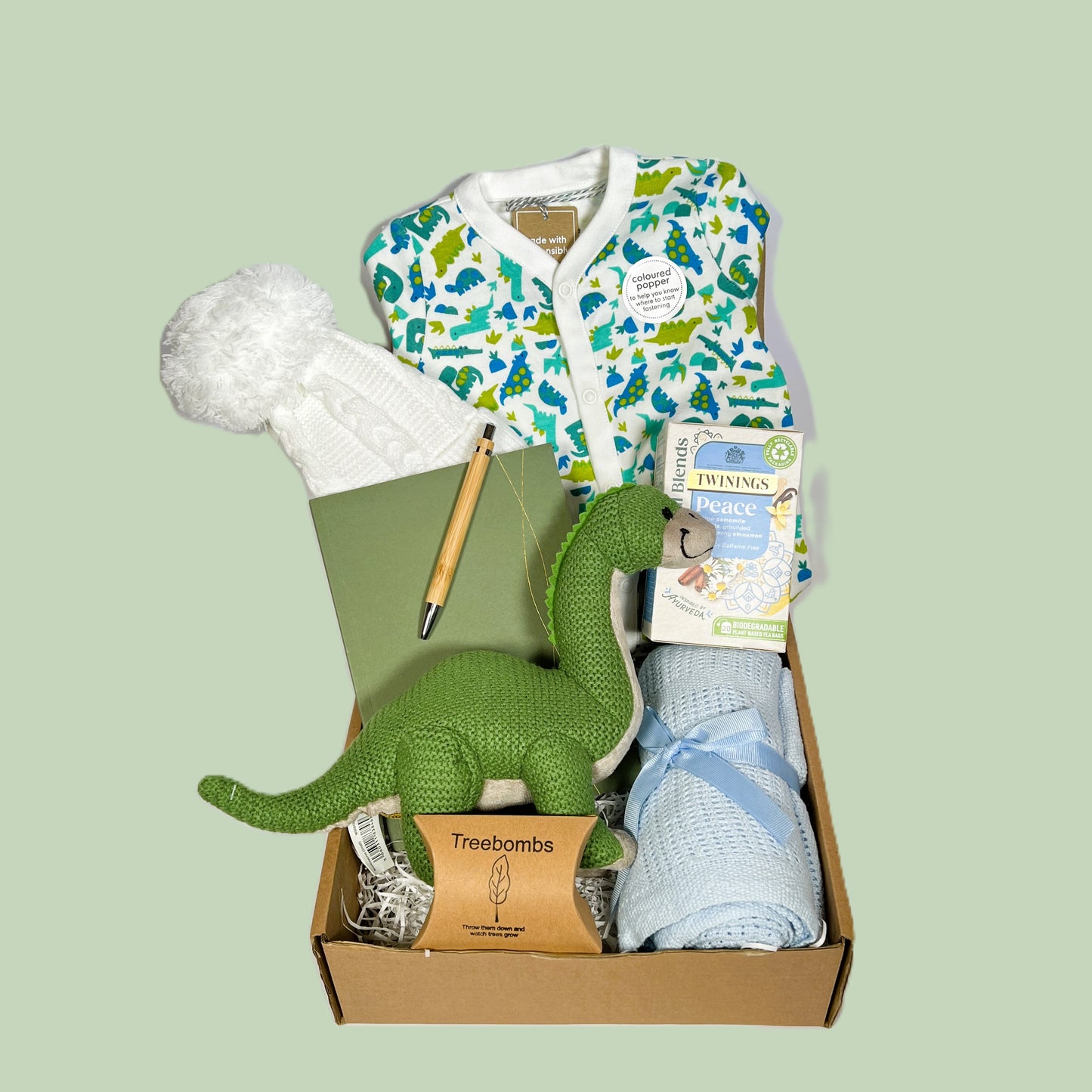 Baby shower gifts containing a knitted green dinosaur baby toy, a dinosaur print baby sleep suit, a blue cotton cellular baby blanket, a green note boo and bamboo pen, a white baby pompom hat, a packet of Twinings teabags and three Treebombs.