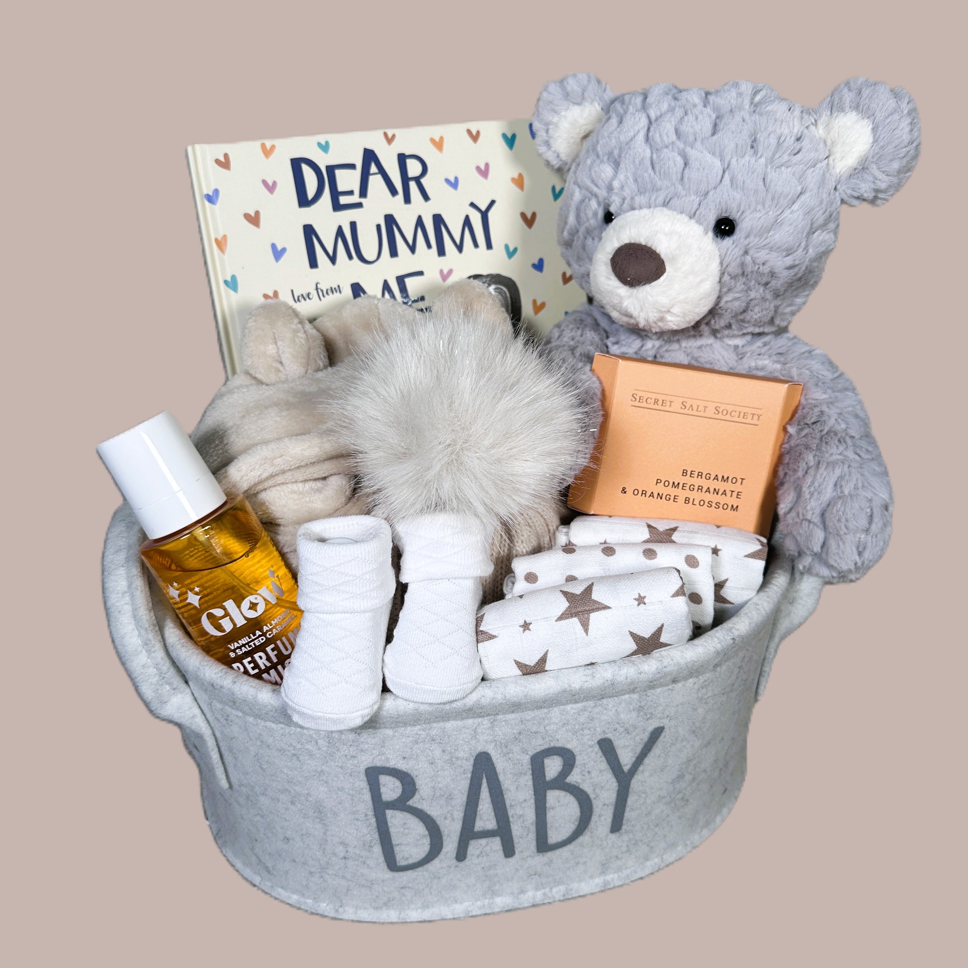 Baby and new Mummy hamper with Mary Meyer teddy, Glow perfume mist, baby book, baby pompom hat, baby dressing gown and baby muslins