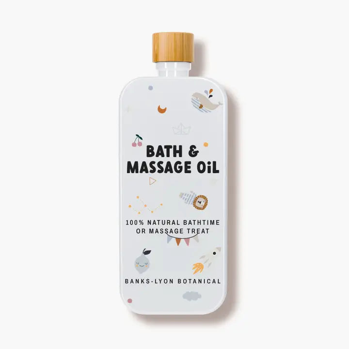 Baby bath and massage oil bottle with cartoon illustrations on a white background