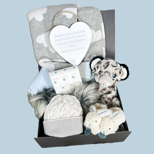 Baby gift set with plush toys, hat, and blanket on a light blue background
