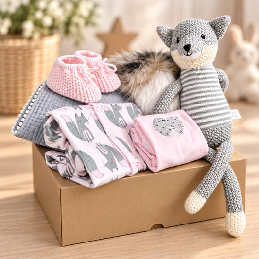 A baby gift set arranged in a brown cardboard box on a wooden table, featuring a grey and white striped plush fox toy, pink knit baby booties, a folded pink baby sleepsuit with a grey fox print, and a coordinating pink short sleeved baby bodysuit with fox embroidery, a white and grey bay pompom hat and a muslin with tiny pompom fringing.
