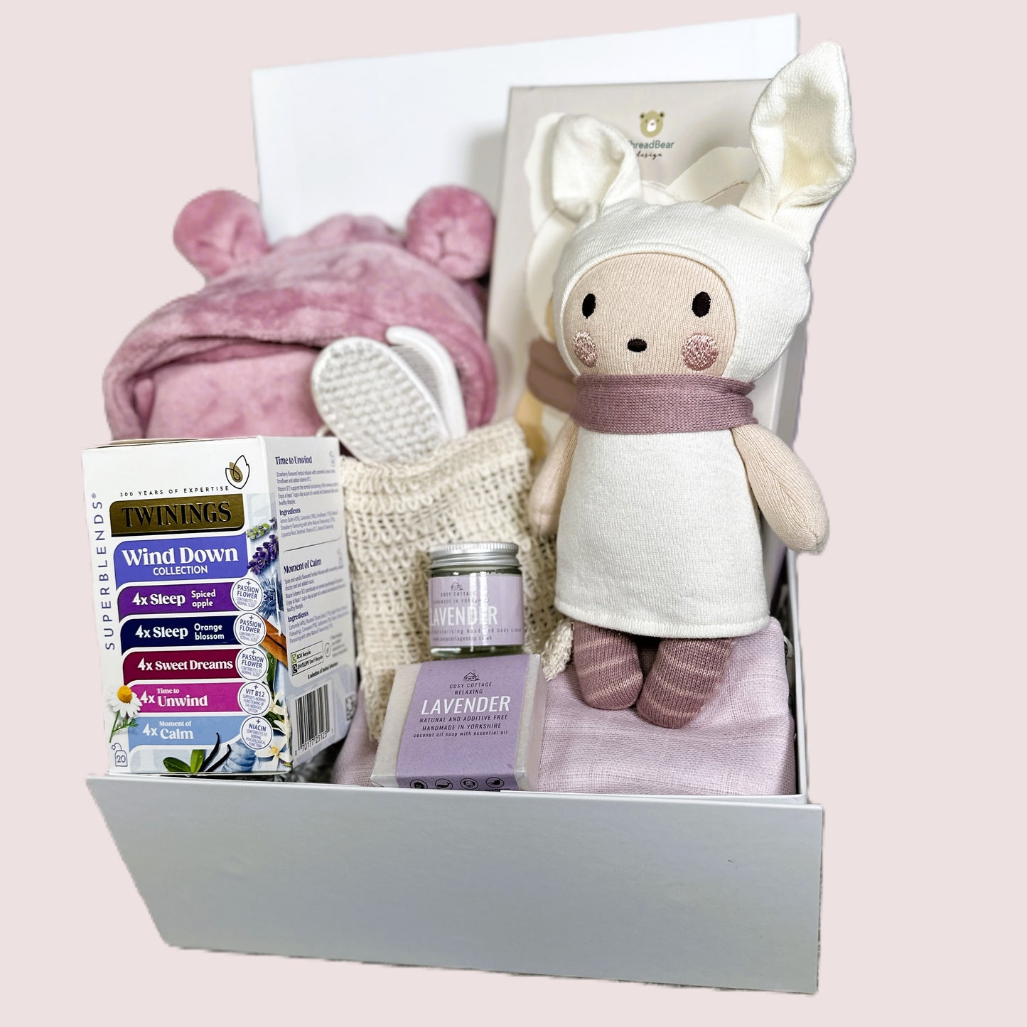 Baby Girl hamper with knitted doll and baby dressing gown