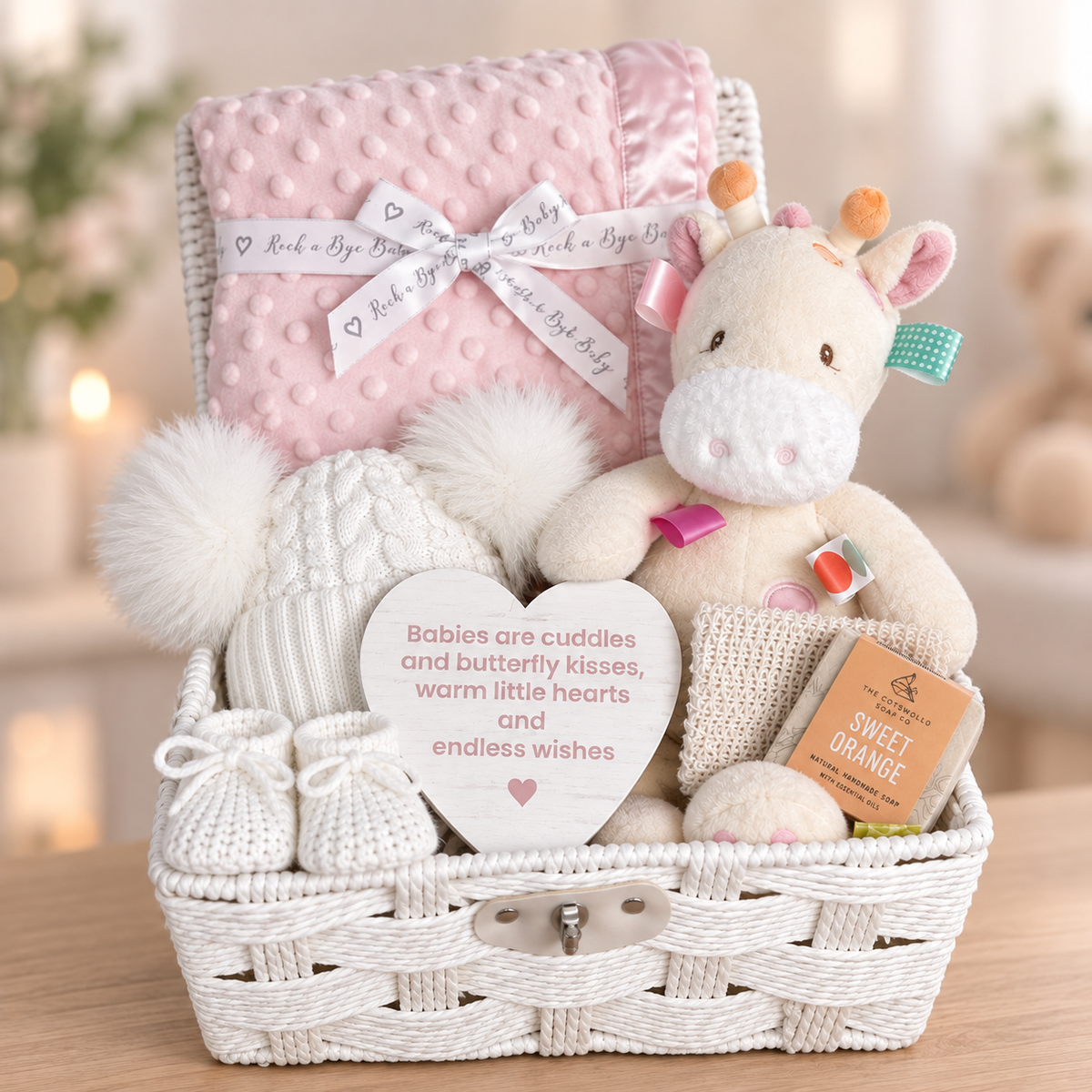 New baby girl hamper with Tilly Taggie giraffe soft baby toy, pink baby blanket and soap