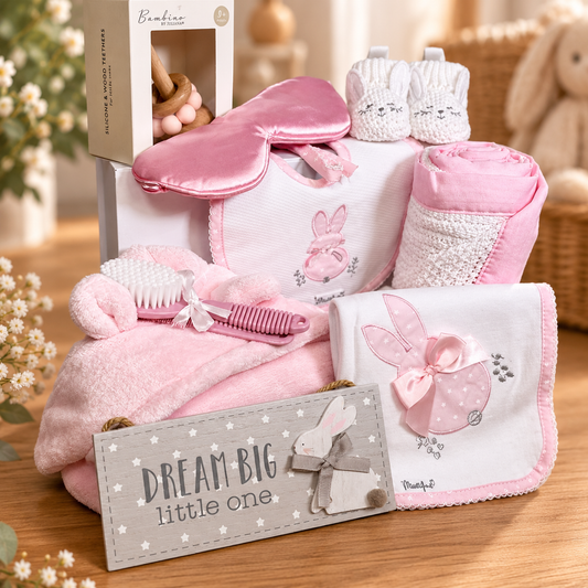 baby girl hamper with pink and white baby items