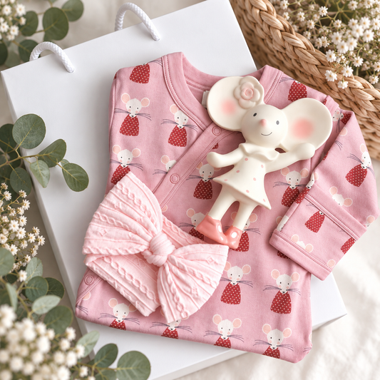 Baby girl hamper gift with pink mouse print organic cotton baby romper and organic rubber baby teether