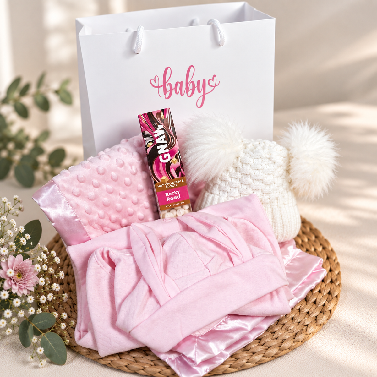 Baby gift with pink blanket, hat, swaddle suit and product on a Gnaw rocky road hot chocolate stirrer white background.