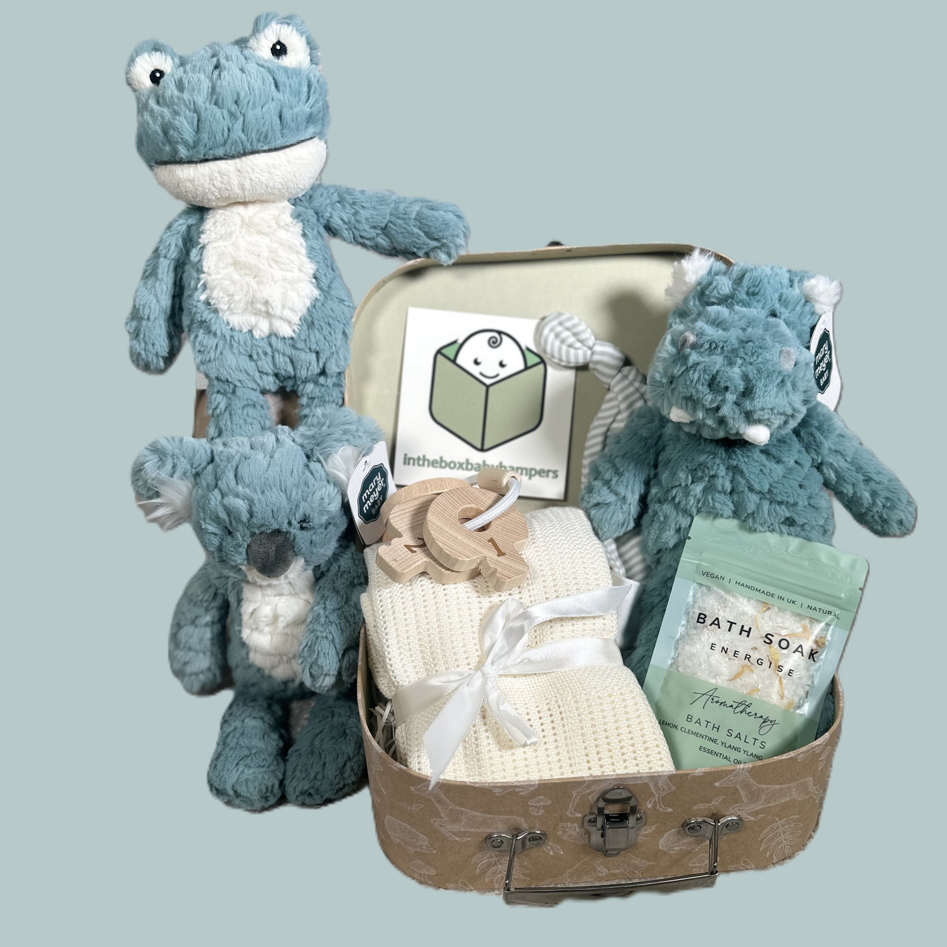 Gift basket with plush toys and bath products on a light blue background