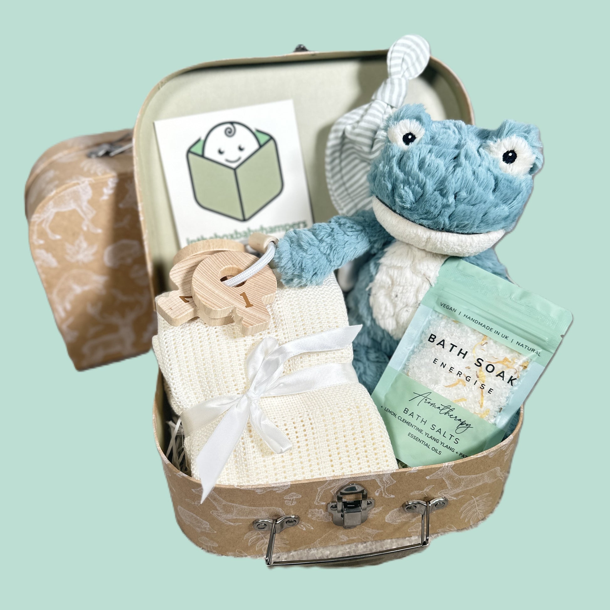 New baby hamper with Mary Meyer putty frog, cellular baby blanket and bath salts