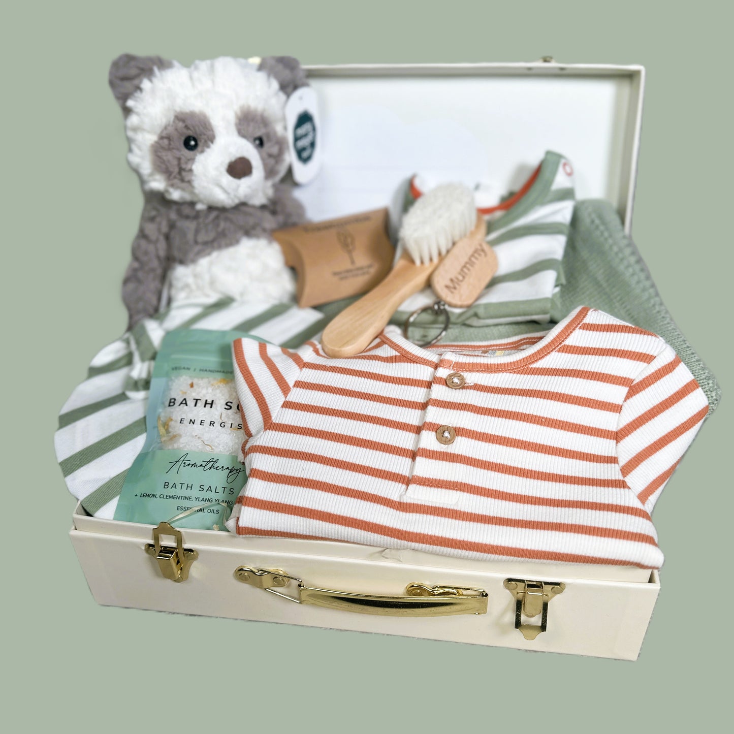 Baby Gift set with baby clothes, toys, and bath products in a baby keepsake case on a light green background