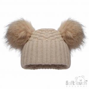 baby pompom hat . Beige knitted  with two fluffy pom-poms on a white background