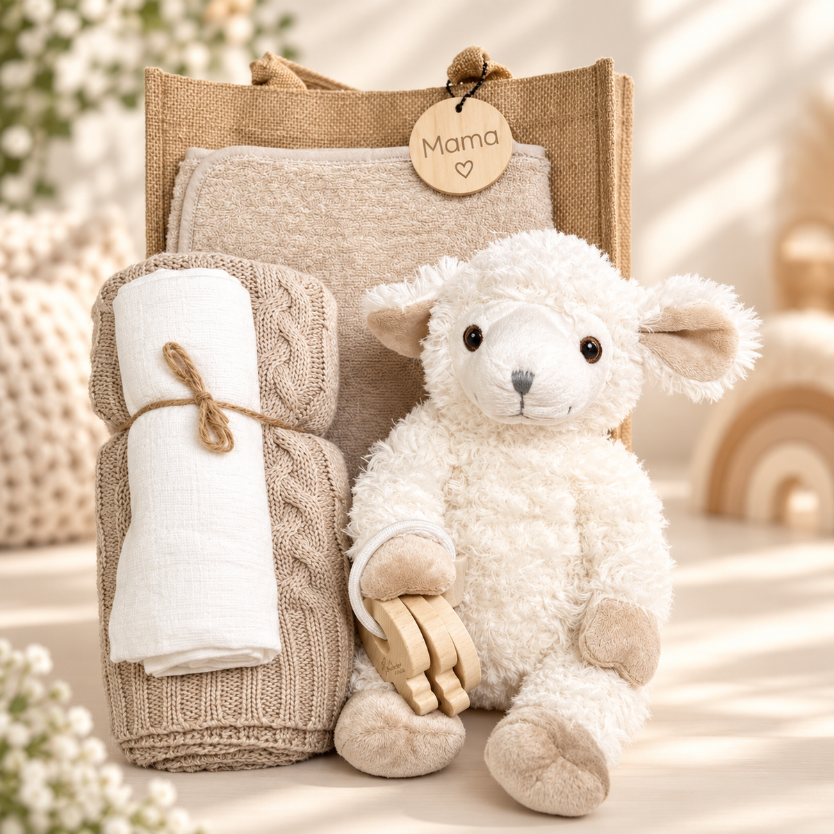 A baby gift set featuring a fluffy cream plush sheep toy holding wooden teethers, a stone knit  baby blanket tied with a twine bow, a taupe hooded baby towel ,a white muslin cloth, and a beige jute tote bag with a wooden 'Mama' tag, arranged on a warm beige surface.