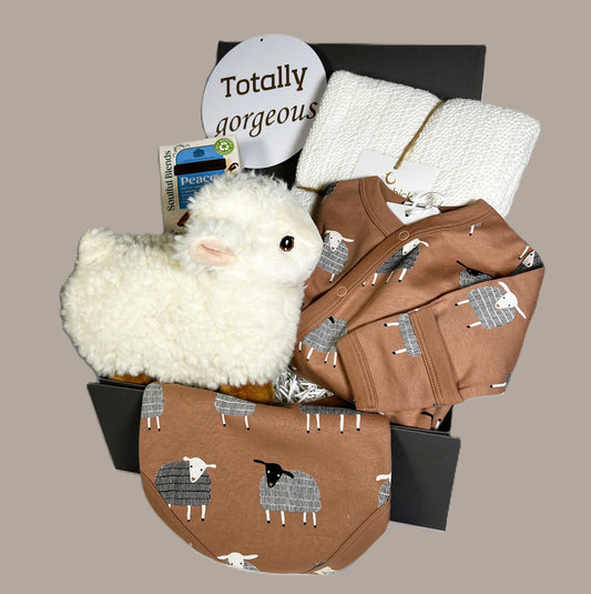 Baby shower gift hamper containing an organic cotton baby romper with sheep print and matching baby bib. White cotton cellular baby blanket. Keeleco standing sheep baby toy. A packet of Twinings teabags and a baby keepsake box.
