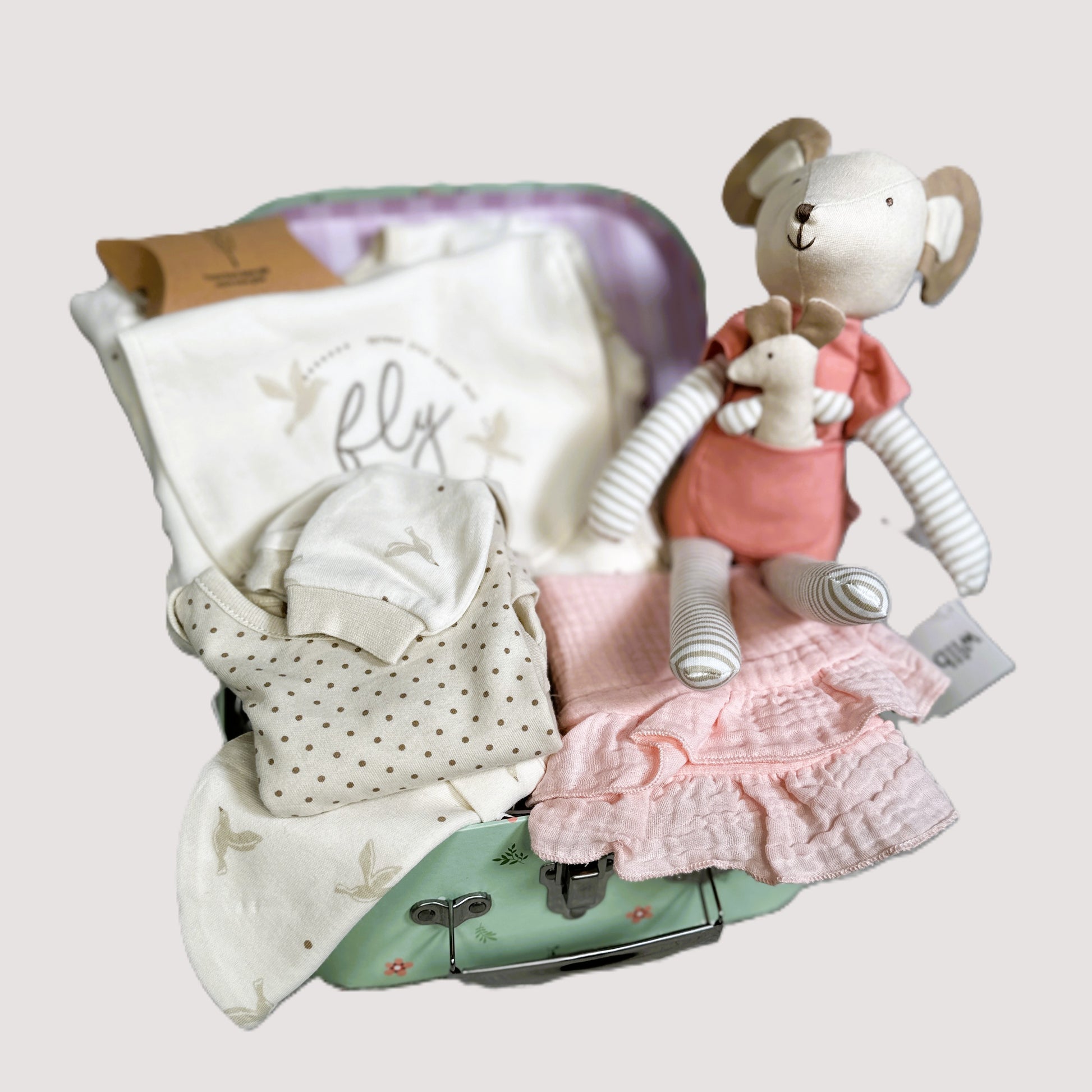 Baby shower gifts, baby clothes, mouse baby toy and bibs in a baby keepsake case.