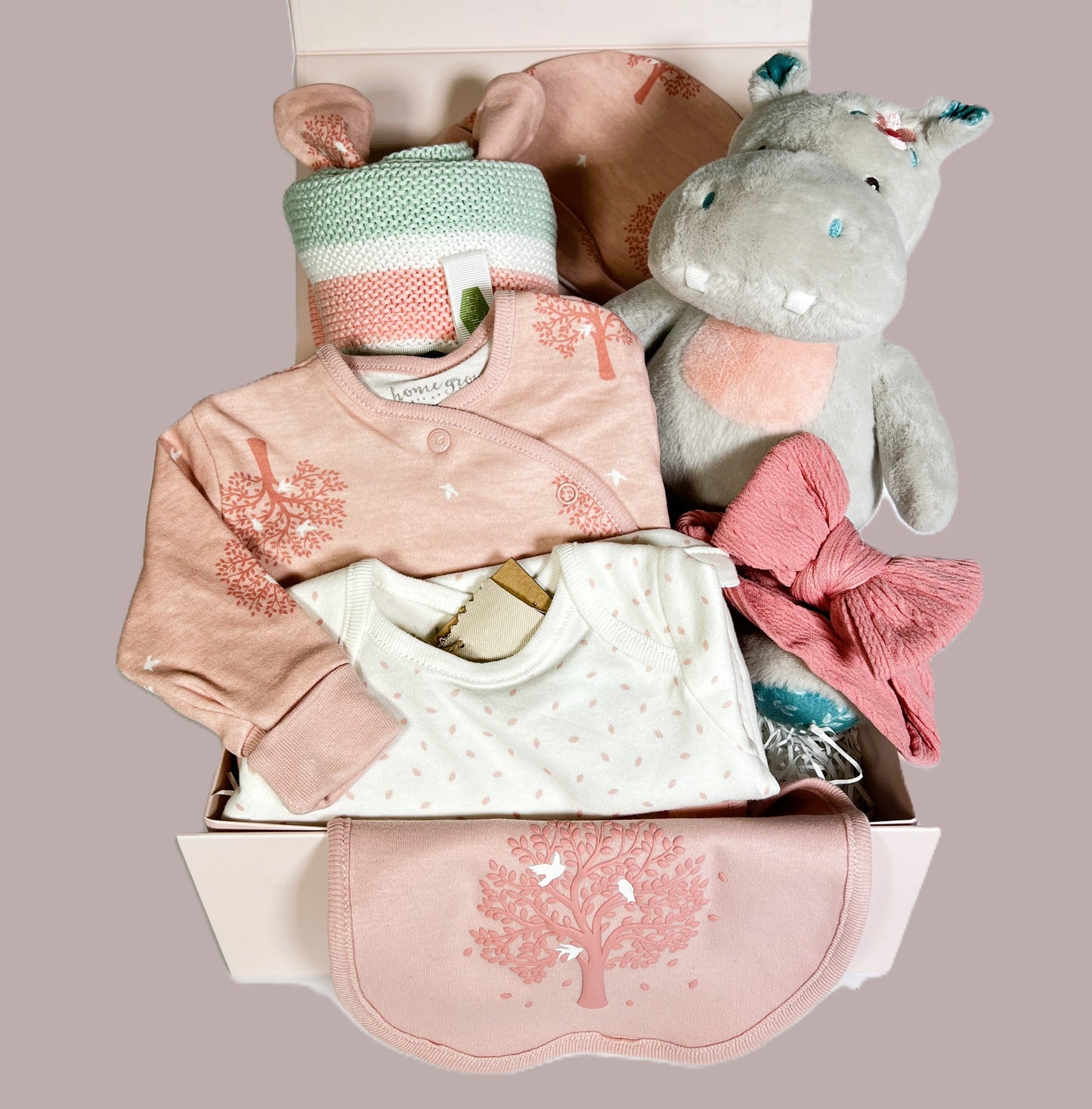 A new baby girl hamper in a pink magnetic baby keepsake box which contains a Mary Meyer Jewel Hippo soft baby toy and an organic cotton layette set and a pink , white and green striped cotton baby blanket.