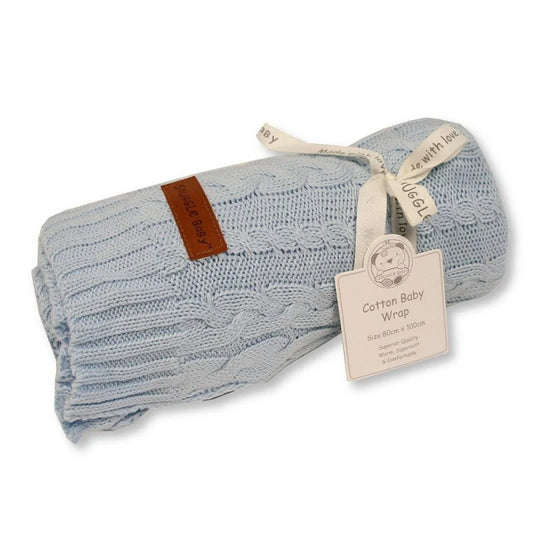 Soft cotton cable knit baby blanket in blue.