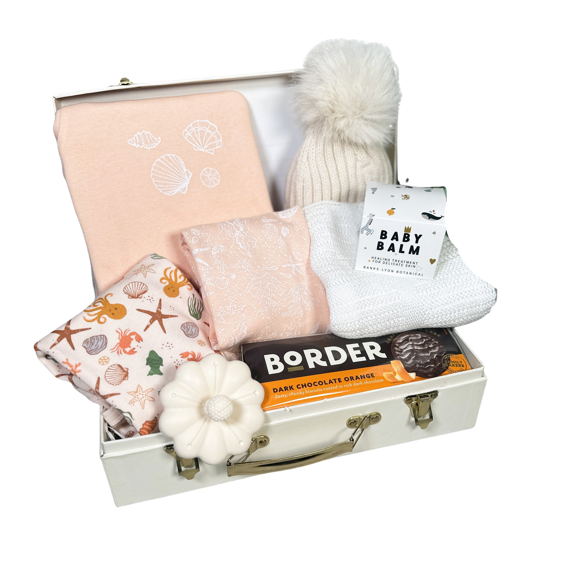 BABY GIRL GIF HAMPER WITH PEACH BABY WEAR, BABY HAT, BABY BALM AND SILICONE TEETHER