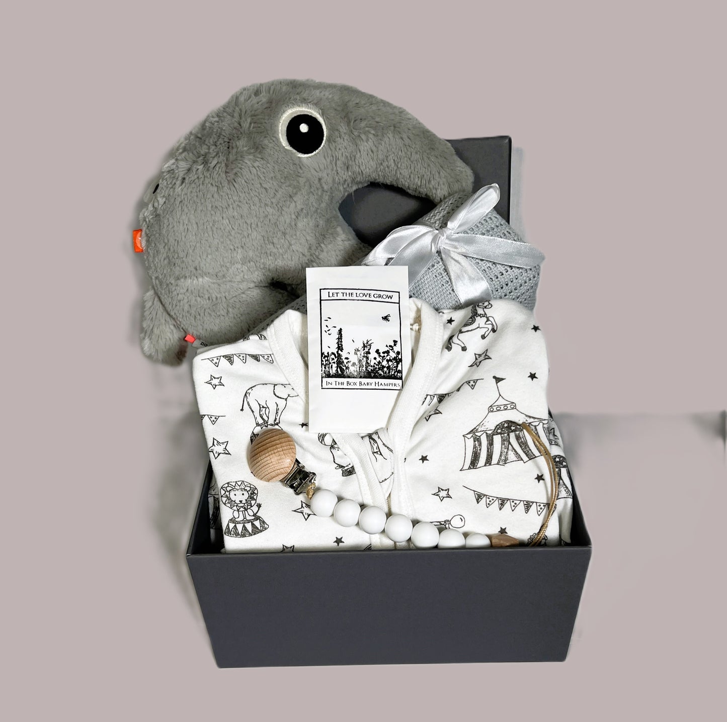 new baby hamper in a grey baby keepsake box containing an Antee Done by Deer soft anteater baby toy. An organic cotton , double zipped baby romper with a circus print A grey cellular baby blanket, a white silicone dummy clip and a packet of wildflower seeds.