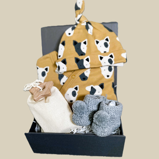 New baby hamper with dog print baby sleepsuit and matching baby knot hat and chrocheted baby booties.