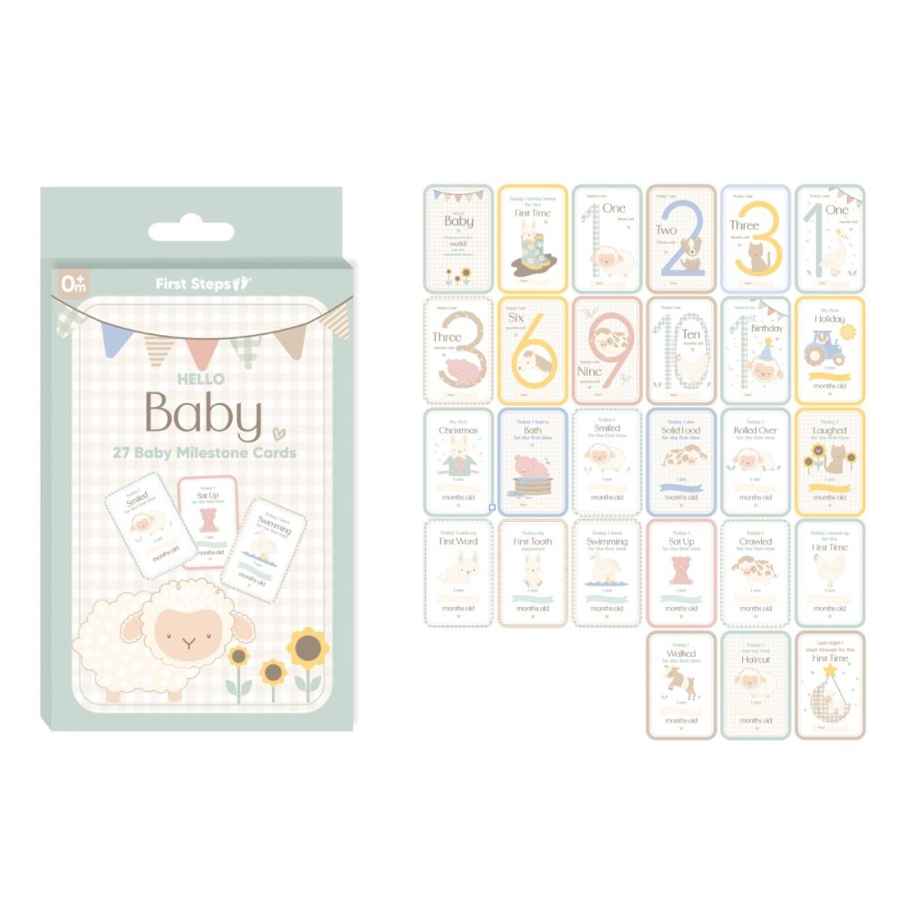Packaging of baby milestone cards with illustrations and text on a white background