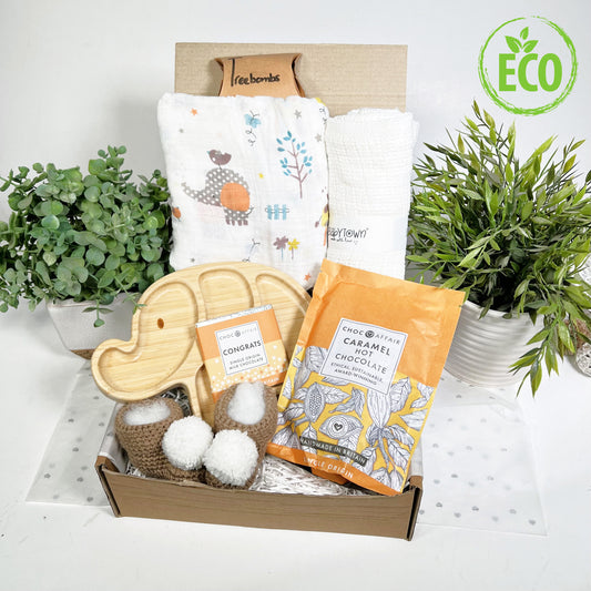 Eco Friendly Neutral New Mummy And Baby Hamper Gift Box, Bamboo Baby Blanket, Bamboo Elephant Baby Plate, Mummy and Baby Hamper, Baby Shower Gifts.