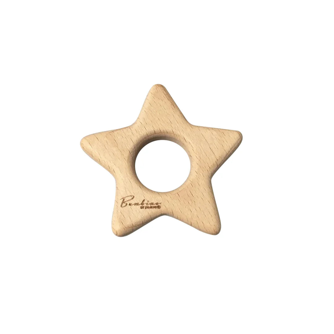 Bambino wooden star-shaped teething ring on a white background