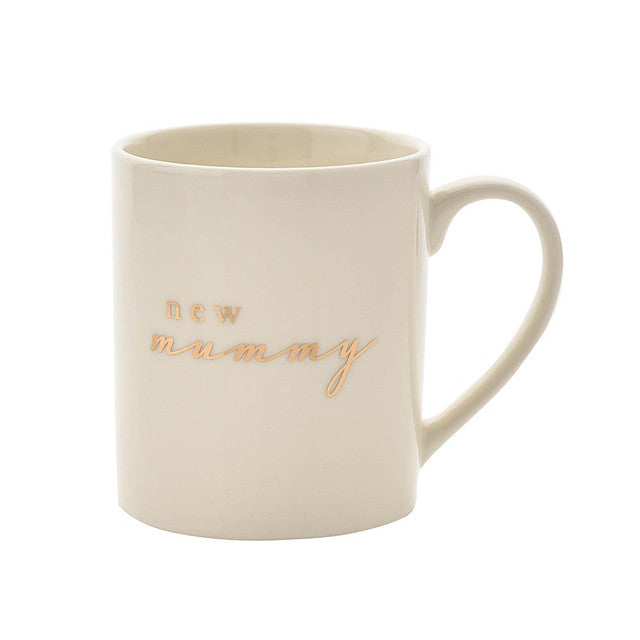 White chin \New \mummy mug with gold text.