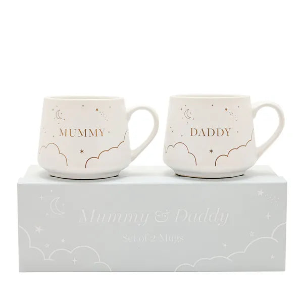 Two Bambino white mugs with 'Mummy' and 'Daddy' text on a matching box.