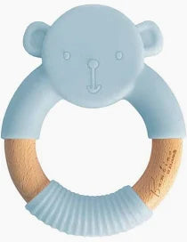 Bambino blue silicone bear and wooden baby teether.