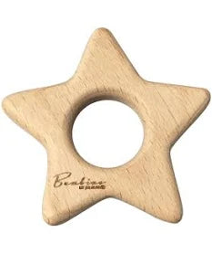 Bambino wooden star-shaped teething ring on a white background