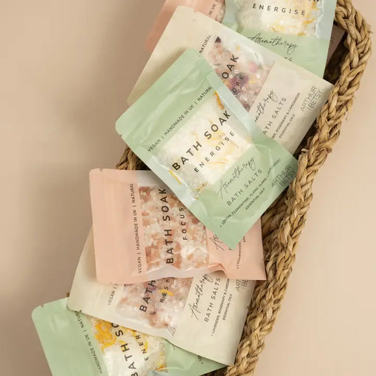 Various handmade bath salt pouches with essentail oils.