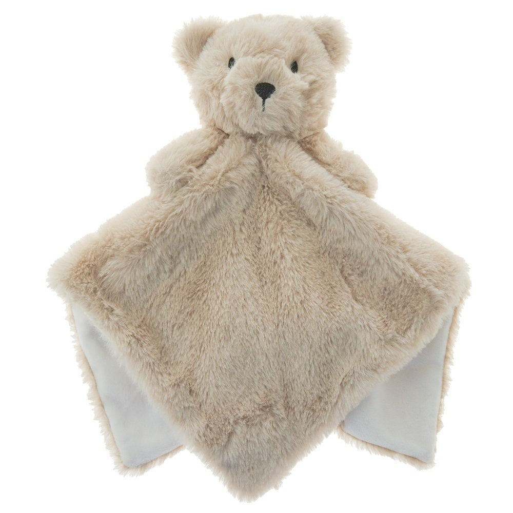 Bear baby comforter with embroidered face.