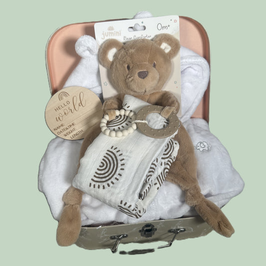 Baby gift set with teddy bear baby teether/comforter, baby dressing, a brown and white sunshine muslin, on a light green background