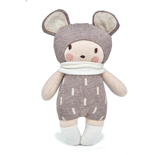 Beau knitted baby soft toy with mouse ears and a patterned outfit on a white background