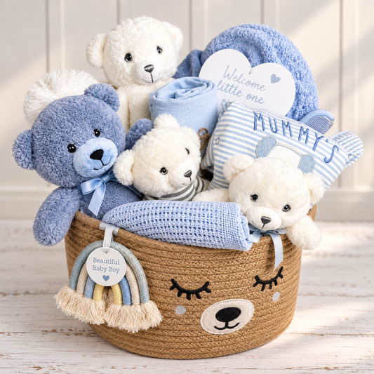A baby gift basket filled with plush teddy bears, soft blankets, a striped baby romper, a blue hooded baby towel ,blue muslin, baby hair brush sets and blue cellular baby blanket and a small rainbow nursery decor, arranged in a woven basket with a bear face. 