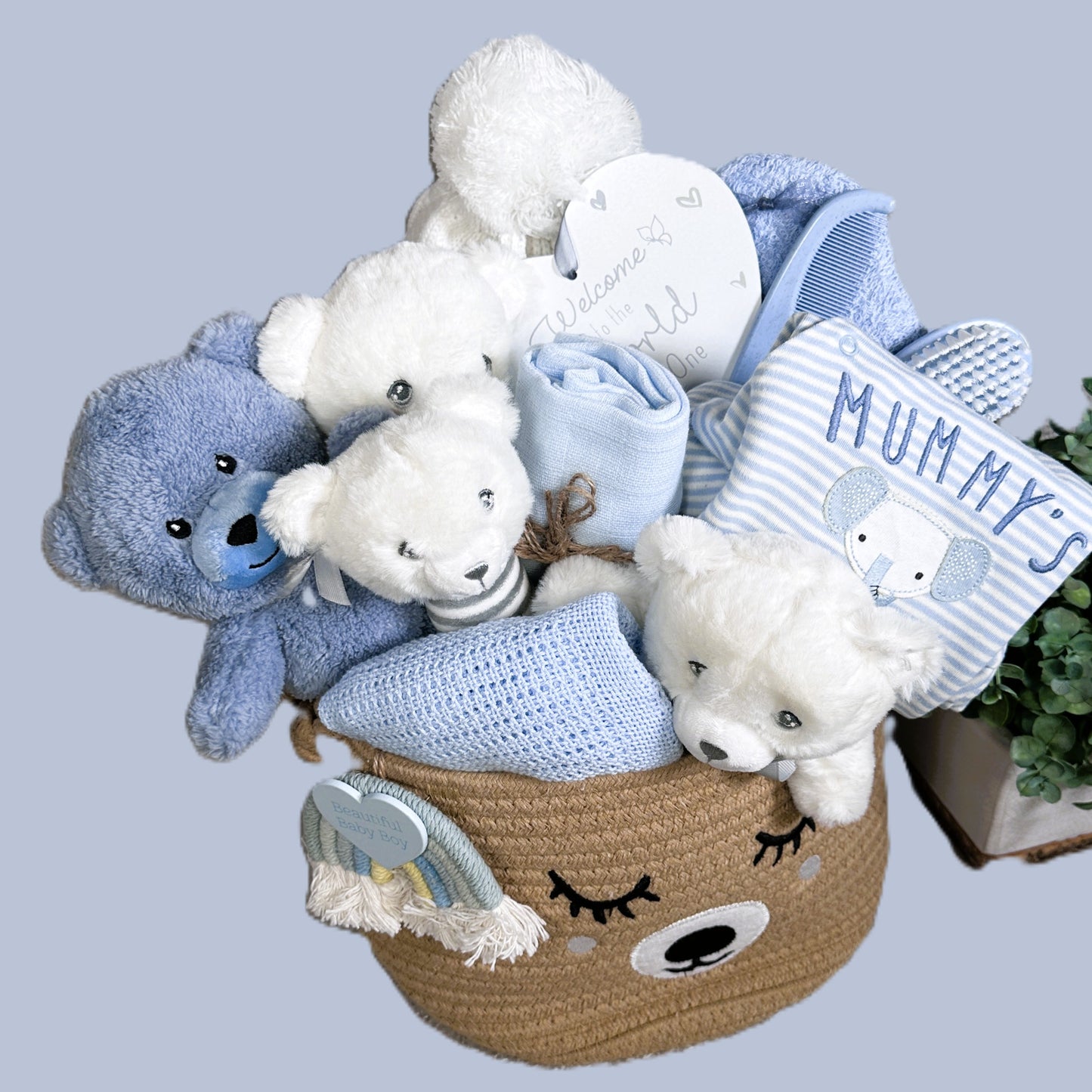Baby Boy Gift Basket Ideas, Blue Baby Hamper, Baby Sleepsuit.