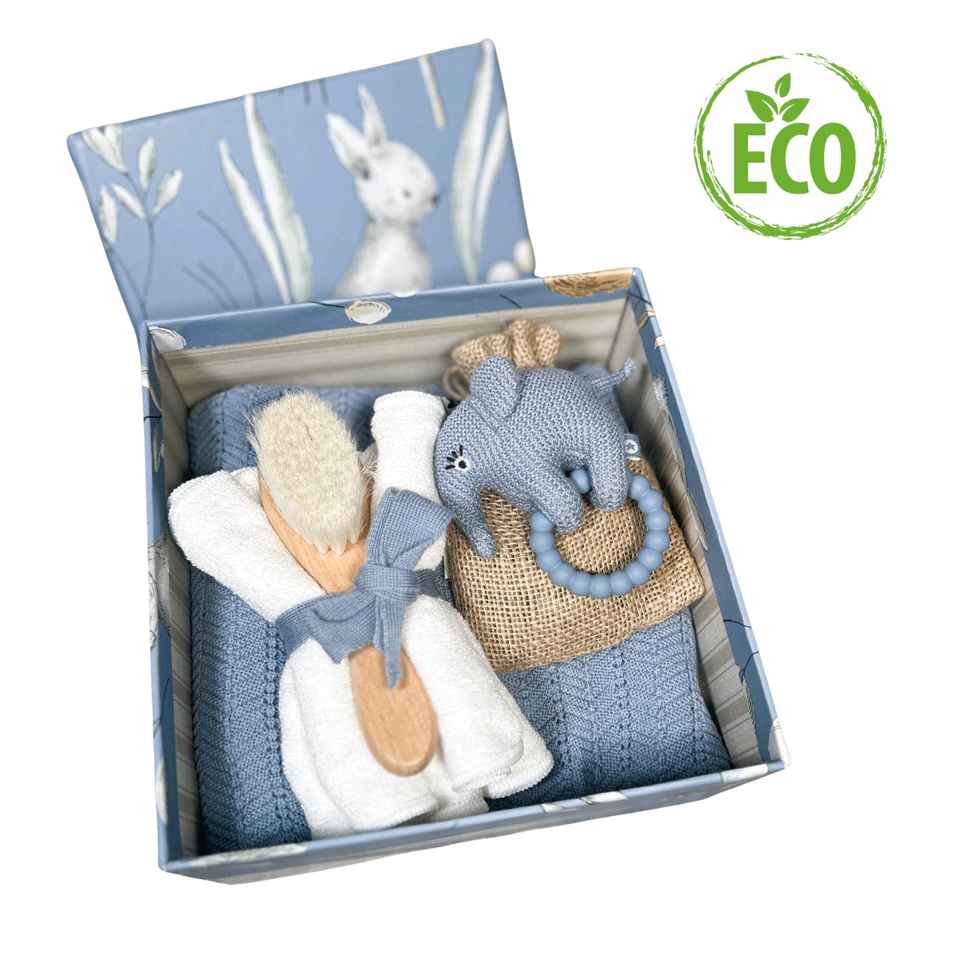 Luxury baby boy hamper with merino wool baby blanket and baby rattle