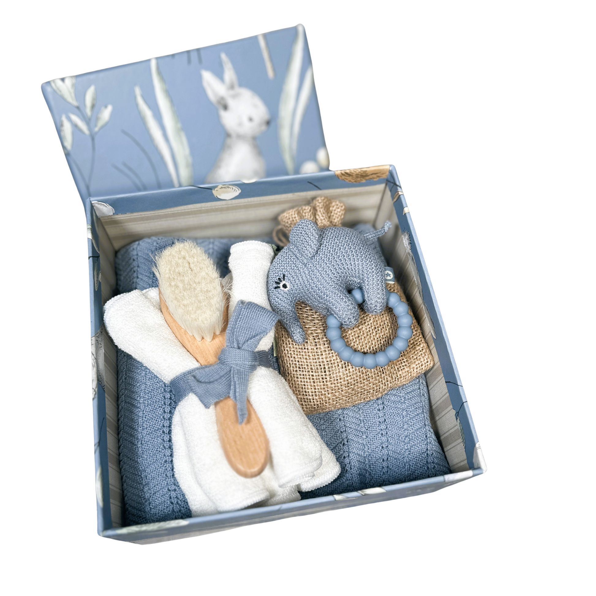 Luxury baby boy hamper with merino wool baby blanket and baby rattle