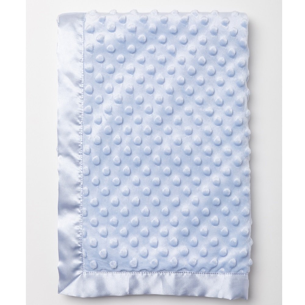 Light blue textured baby blanket with a ribbon trim