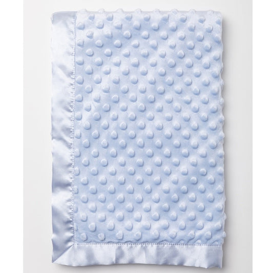 Light blue textured baby blanket with a ribbon trim