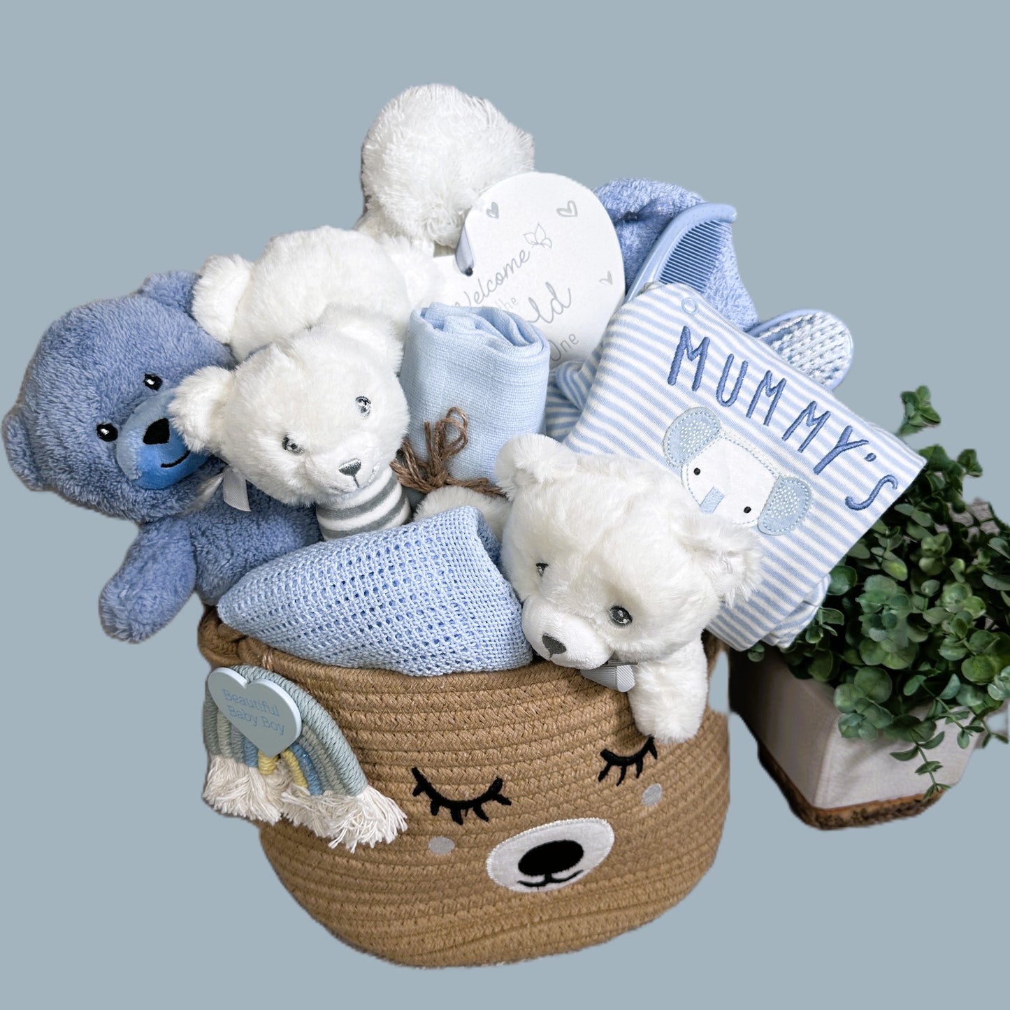 Baby Boy Gift Basket Ideas, Blue Baby Hamper, Baby Sleepsuit.