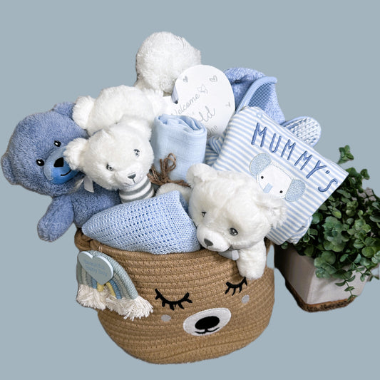 Baby Boy Gift Basket Ideas, Blue Baby Hamper, Baby Sleepsuit.