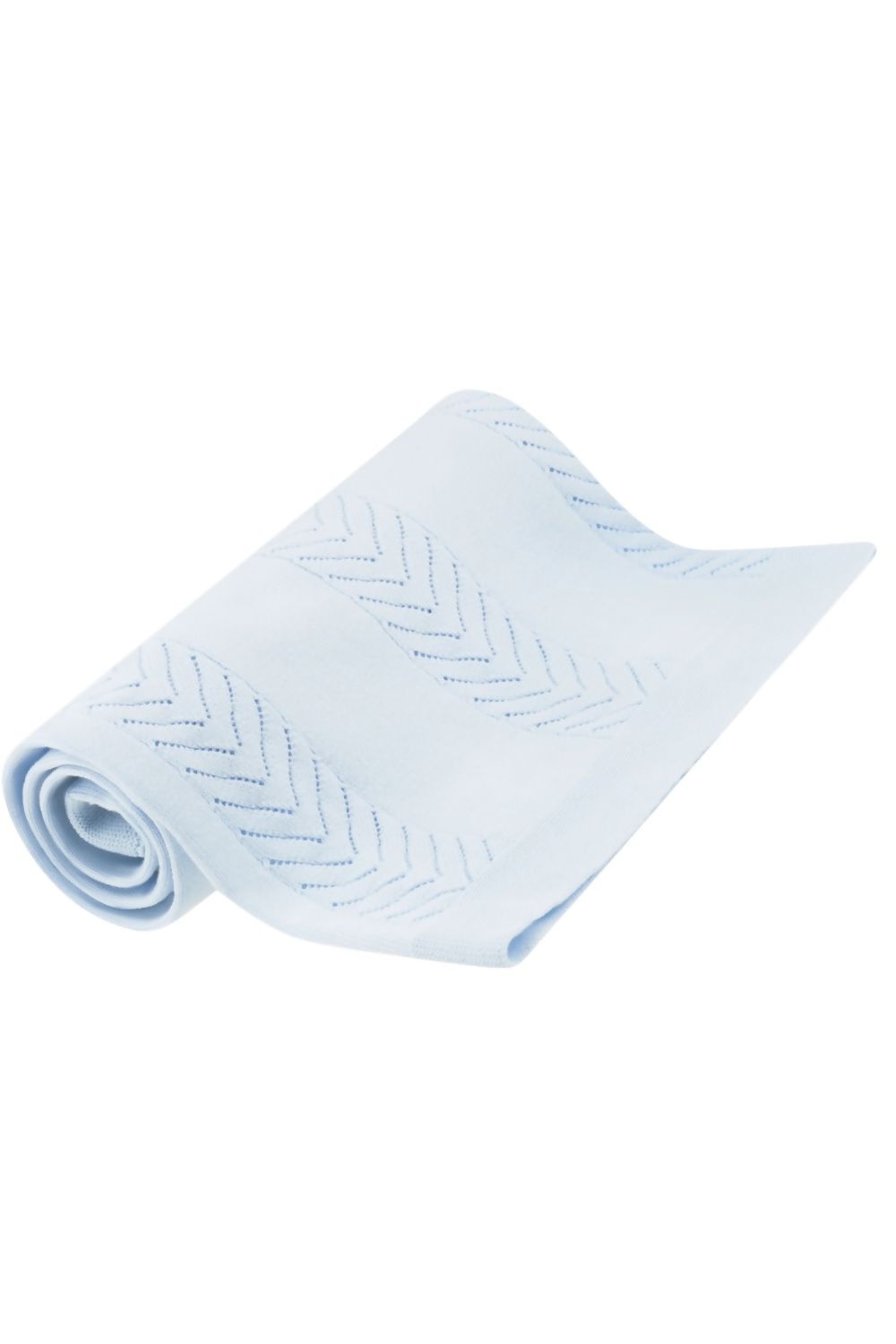 Blue cotton baby blanket with chevron design in the knit.