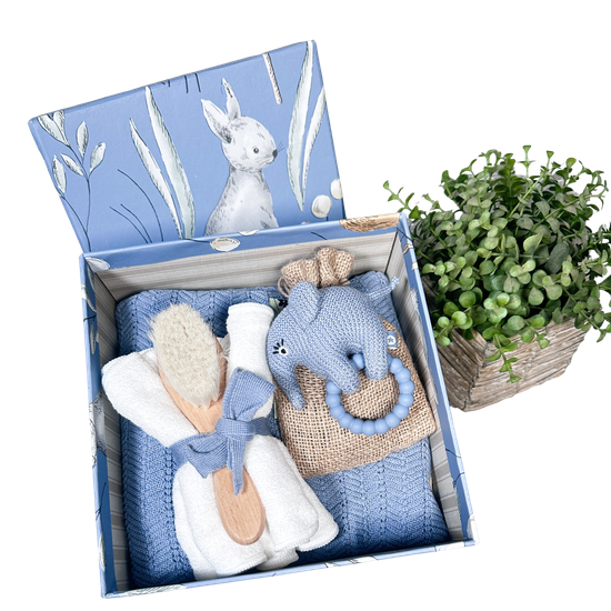 Luxury baby boy hamper with merino wool baby blanket and baby rattle